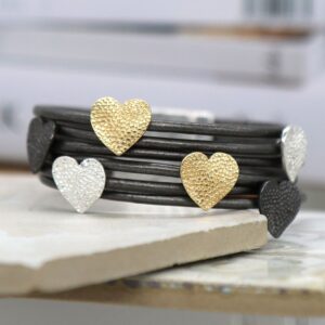"Trudi" multi strand black leather bracelet with mixed metallic hearts