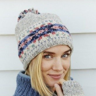 Inishmore Fairisle Grey Knitted Hygge Lined Bobble Hat Beanie