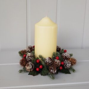 Nordic frosted fir, berry and pine cone large pillar candle wreath by Gisela Graham