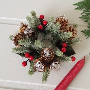 Set of 2 Nordic frosted fir, berry and pine cone small candle wreaths by Gisela Graham