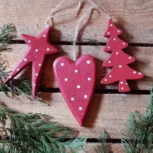 Set of 3 large red wooden polka dot Scandinavian Christmas decorations; heart, tree, star