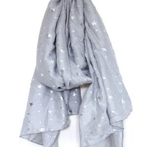 Pale grey fine scarf with metallic silver foil print