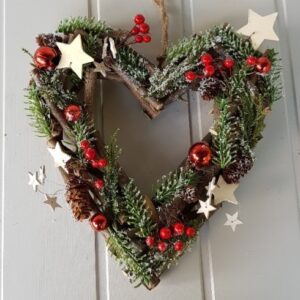 Red berry and wooden stars woodland heart door wreath