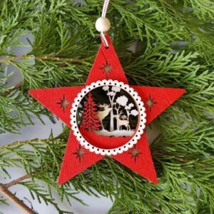 Forest Scene Christmas hanging wooden star ornament - red