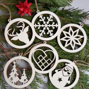 Set of six Danish wooden hanging Christmas tree ornaments