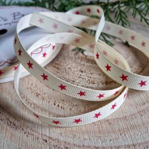 Cream grosgrain ribbon with red stars, 3m