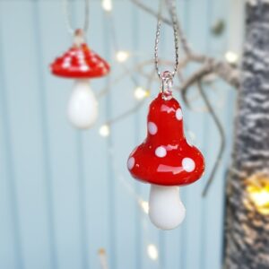 Set of 2 lampwork glass toadstool hanging ornaments