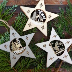 Set of 3 Forest Scene Christmas hanging wooden stars - silver, white and natural
