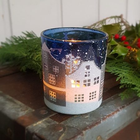 Small blue Scandinavian Christmas snowy street scene candle holder by Gisela Graham