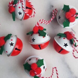 Set of 6 Scandi felt and tin holly jingle bell baubles - stars
