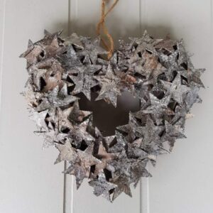Rustic heart shaped wreath with birch bark stars