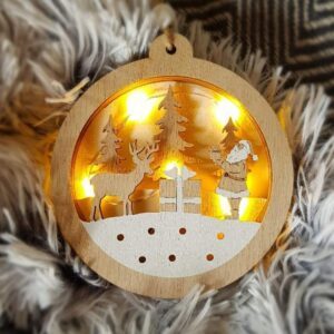 Wooden Santa scene light-up Christmas bauble