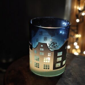 Large blue Scandinavian Christmas snowy street scene candle holder by Gisela Graham