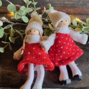 Set of 2 hanging Scandi knitted pixie children Christmas decorations