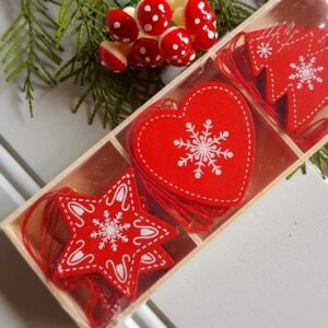 Set of 9 Nordic snowflake red wooden hearts, trees and stars