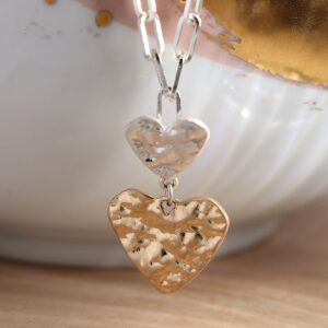 "Varpelev" silver link necklace with silver and gold beaten hearts