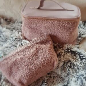 Faux shearling dusty rose make-up and travel bag set