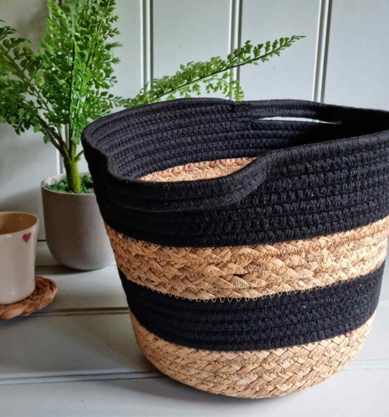 Black rope and seagrass woven storage basket Scandinavian boutique