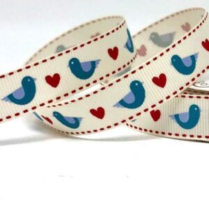 Scandi blue folk art birds and heart ribbon x 3m roll