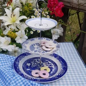 Vintage 3 tier blue and white cake stand