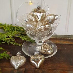 Set of 12 antique gold heart glass Christmas baubles