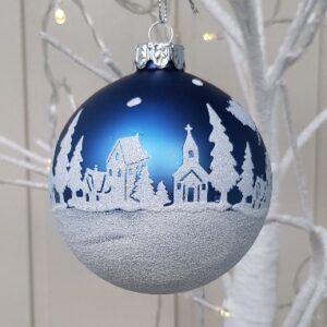 Blue Scandinavian snowy street scene glass Christmas bauble