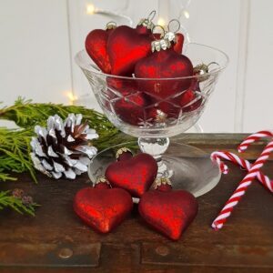Set of 12 antique red heart glass baubles