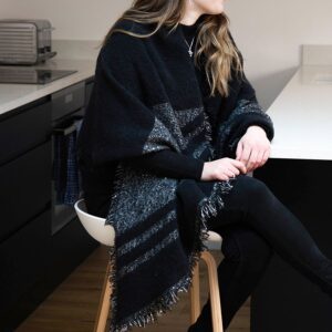 Oversized black and grey knitted winter wrap with silver sequins