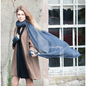 Luxury indigo blue alpaca travel wrap and bag by Samantha Holmes