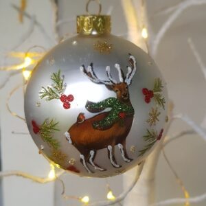"Stag" matt silver Christmas bauble by Gisela Graham
