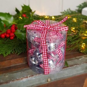 Box of 12 silver jingle bells with red and white gingham ribbon
