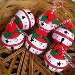 Large Scandinavian red and white jingle sleigh bells, set of 6 - snowflakes