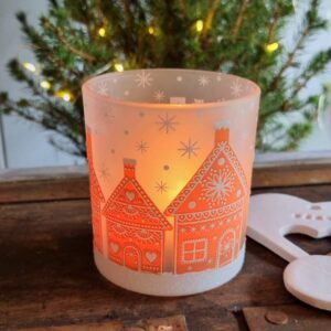 Small gingerbread Scandinavian Christmas street scene candle holder by Gisela Graham