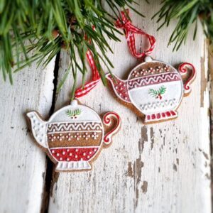 Set of 2 iced gingerbread tea pot Christmas tree ornaments by Gisela Graham
