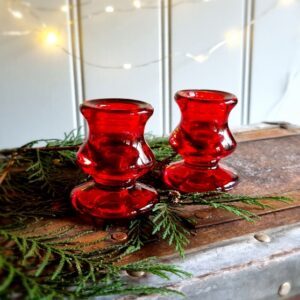 Set of 2 red glass taper candle sticks