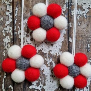 Set of 3 Christmas hand-made felt mini wreaths, red, grey, ivory