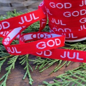 "God Jul" Scandinavian Christmas red and white woven ribbon 11mm
