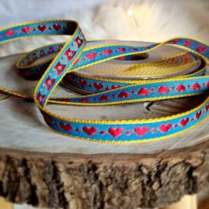 Swedish blue, red and yellow hearts woven ribbon 10mm