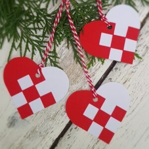 Set of 3 red and white traditional braided heart Danish Julehjerte gift tags