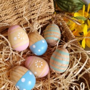 Set of 6 wooden stripe, spot and flower wooden Easter eggs by Gisela Graham