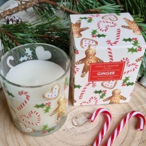 Small scented candy cane and gingerbread man pudding Christmas candle by Gisela Graham 9cl