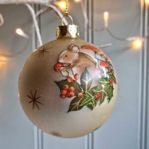 Pale gold toadstool and dormouse glass Christmas bauble by Gisela Graham