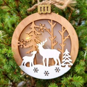 Wooden mummy and baby deer scene light-up Christmas bauble