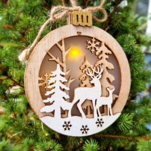 Wooden stag and baby deer scene light-up Christmas bauble
