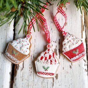 Set of 2 iced gingerbread cup cakes Christmas tree ornaments by Gisela Graham