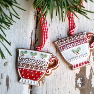 Set of 2 iced gingerbread tea cups Christmas tree ornaments by Gisela Graham