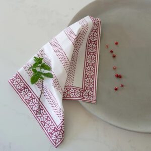 Set of two raspberry hand-blocked print cotton napkins