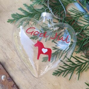 "God Jul" clear glass Swedish Dala horse Christmas heart bauble