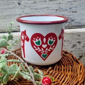 Handmade folk art Dala horse and heart enamel mug by Hyggestyle