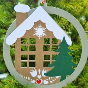 "Gingerbread House" Danish Christmas paper cut mobile with greetings card